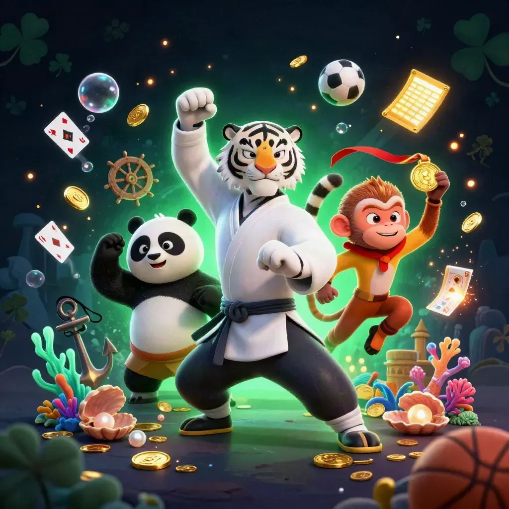 Tiger, panda, and monkey in a neon treasure cove with gold, cards, and sports props.