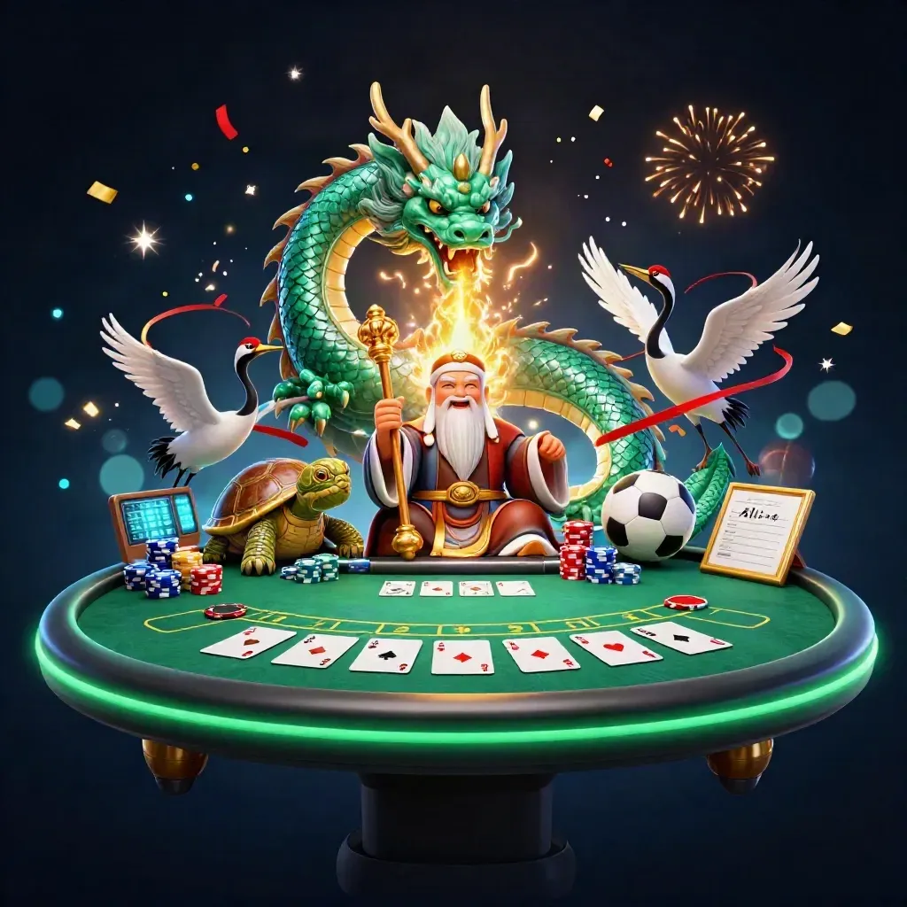 Emerald dragon, turtle sage, and cranes amid casino energy, gold fire, chips, cards, and neon glow.