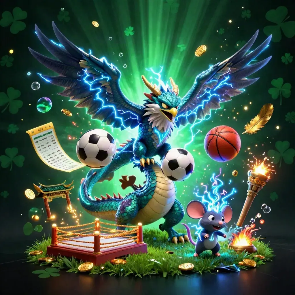 Thunder dragon, wind hawk, and static mouse amid sports balls, coins, and neon casino glow.