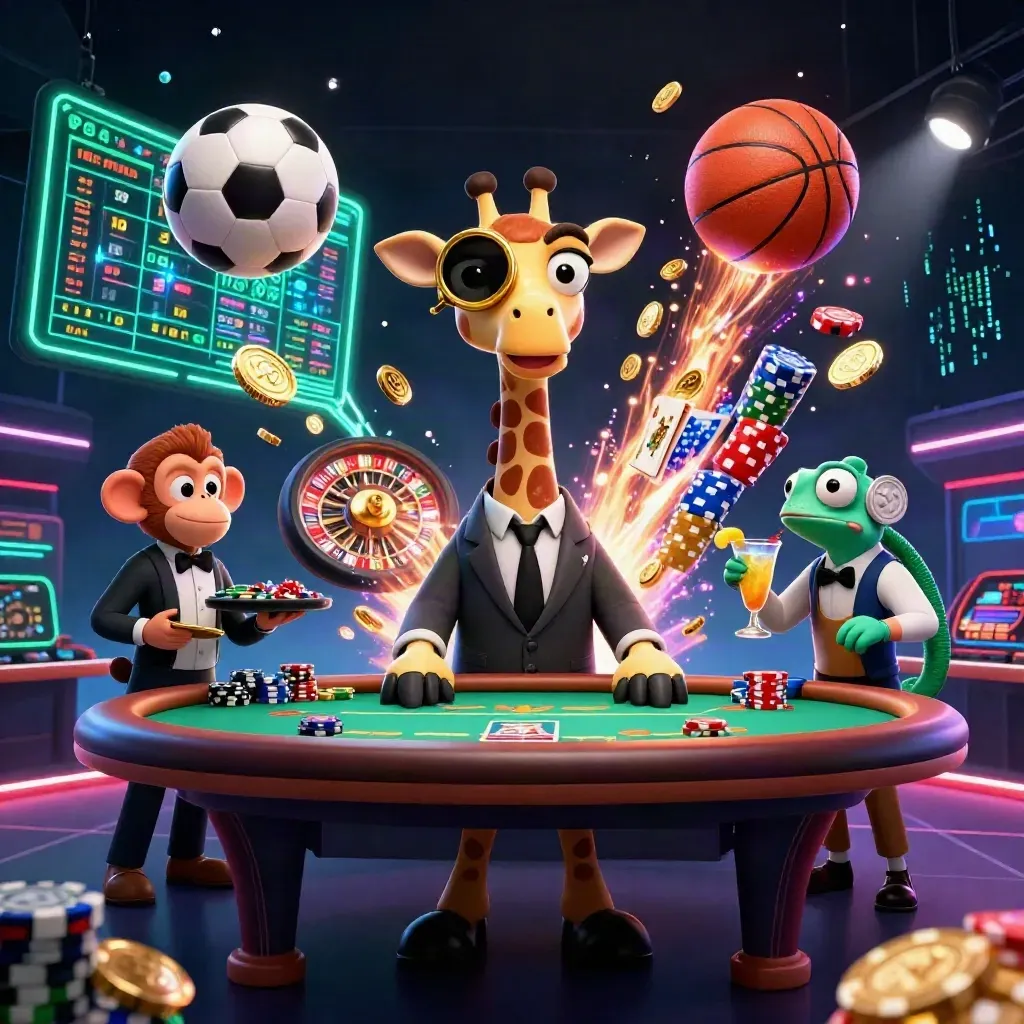 Low-angle casino-sports scene with cartoon animals, flying chips, balls, and neon glow.