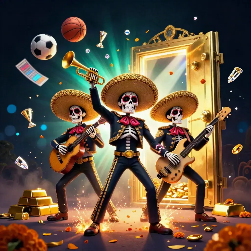 Skeleton mariachi trio amid vault gold, gems, balls, and neon casino light on a navy background.