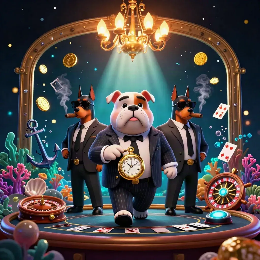 Three casino enforcers in a treasure-cove glow with gold coins, coral, and spinning table lights
