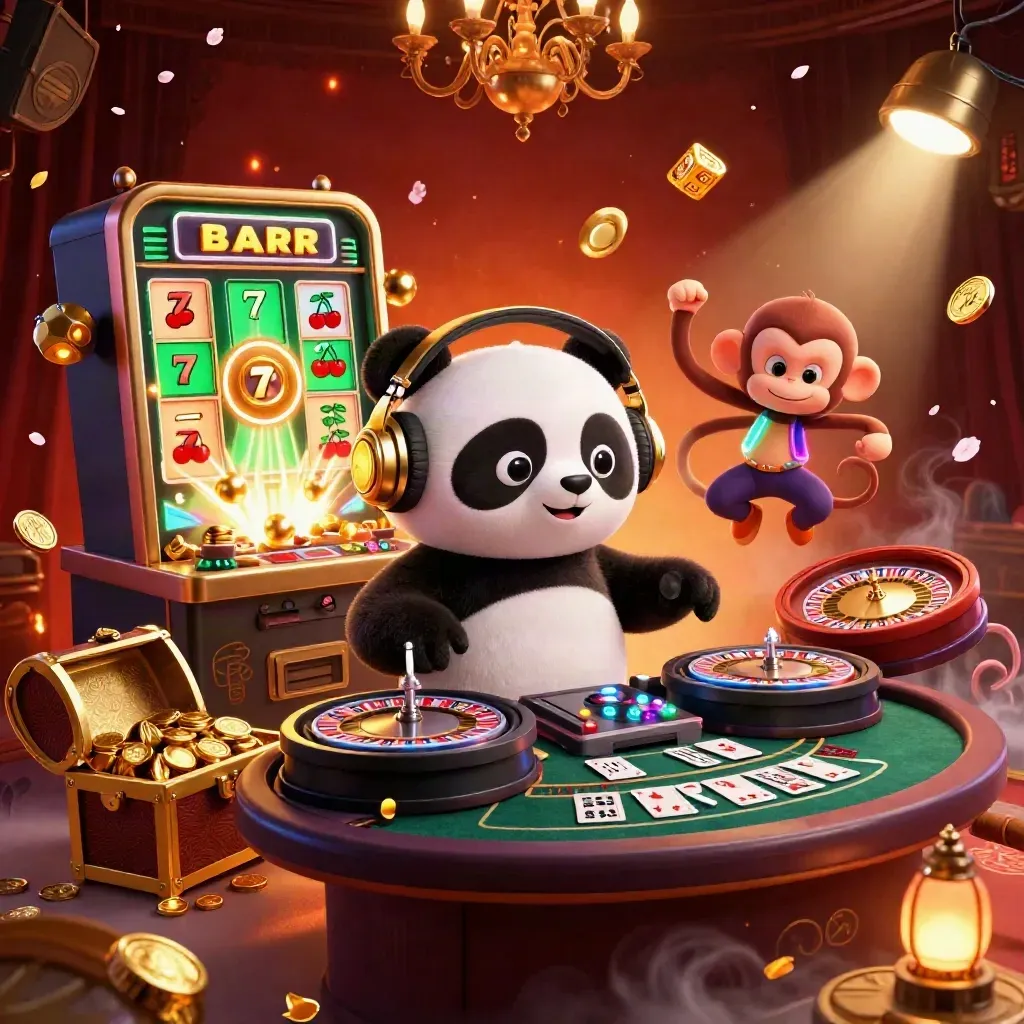 Panda DJ, breakdancing monkey, and rave kitten amid casino glow, slot bursts, gold, and embers.