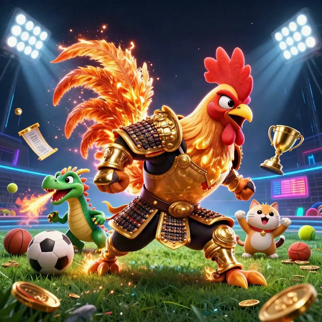 Rooster samurai, dragon hatchling, and fortune cat amid flying sports balls and neon casino lights.