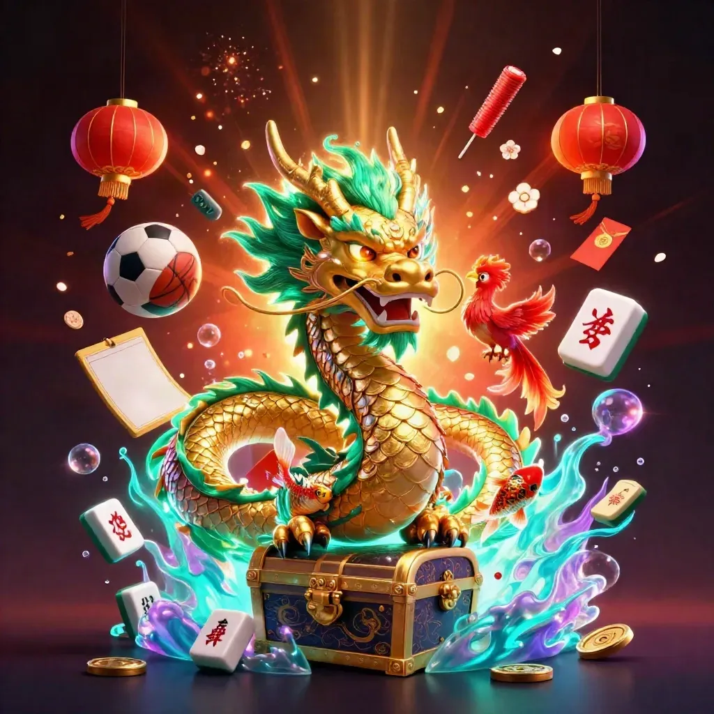 Golden dragon and phoenix amid casino symbols, soccer ball and basketball on a crimson glow.