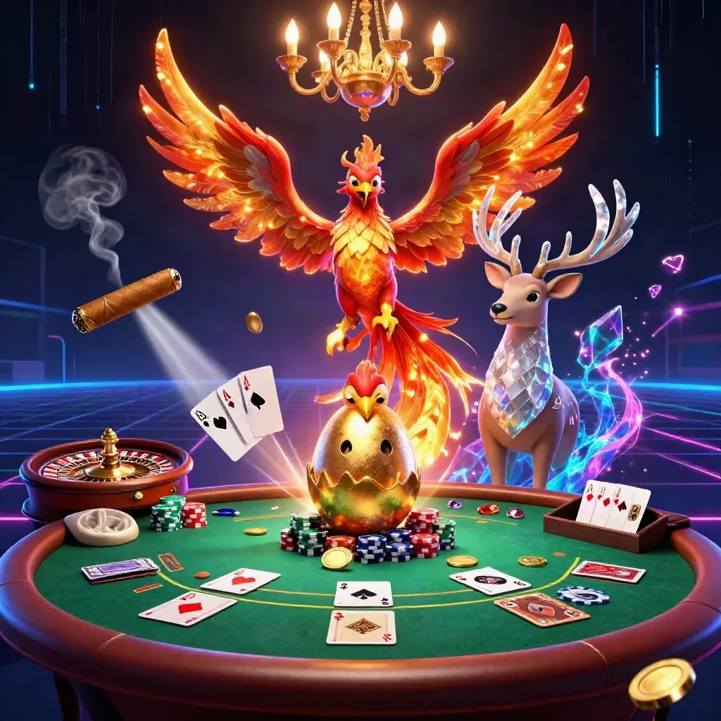 Phoenix, stag, and hatchling over a neon casino table with roulette and poker symbols.