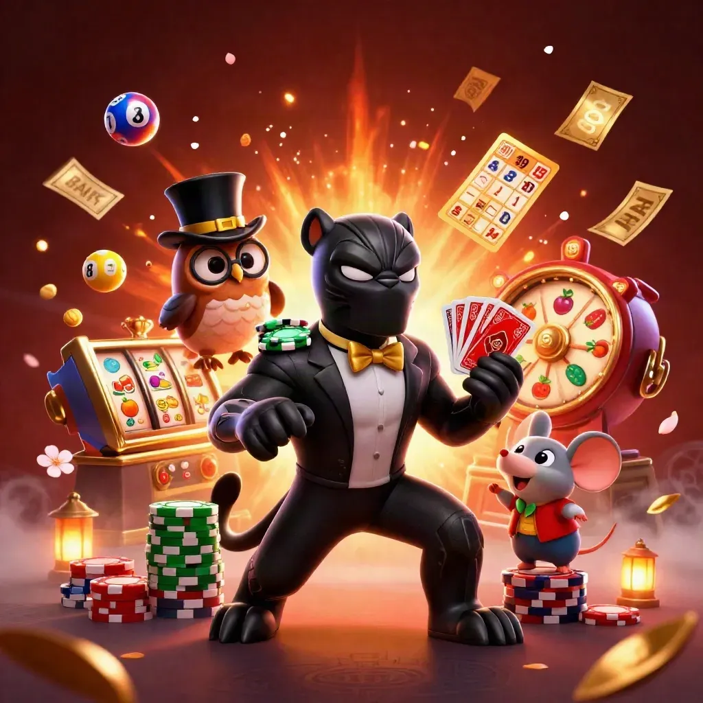Tuxedo panther deals cards as owl and mouse burst from chips amid neon casino chaos
