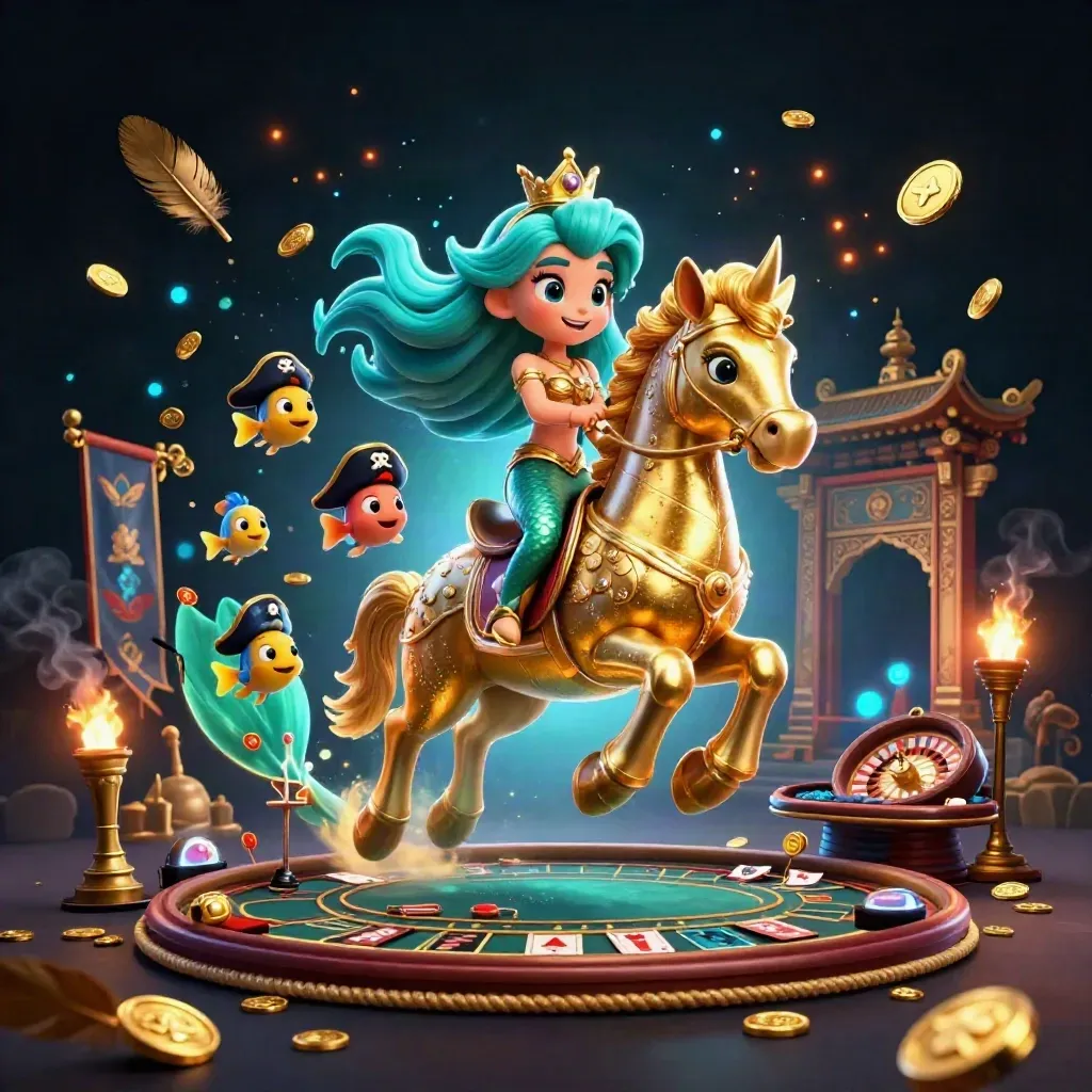 Mermaid princess on a golden seahorse amid casino fantasy lights and floating gold.
