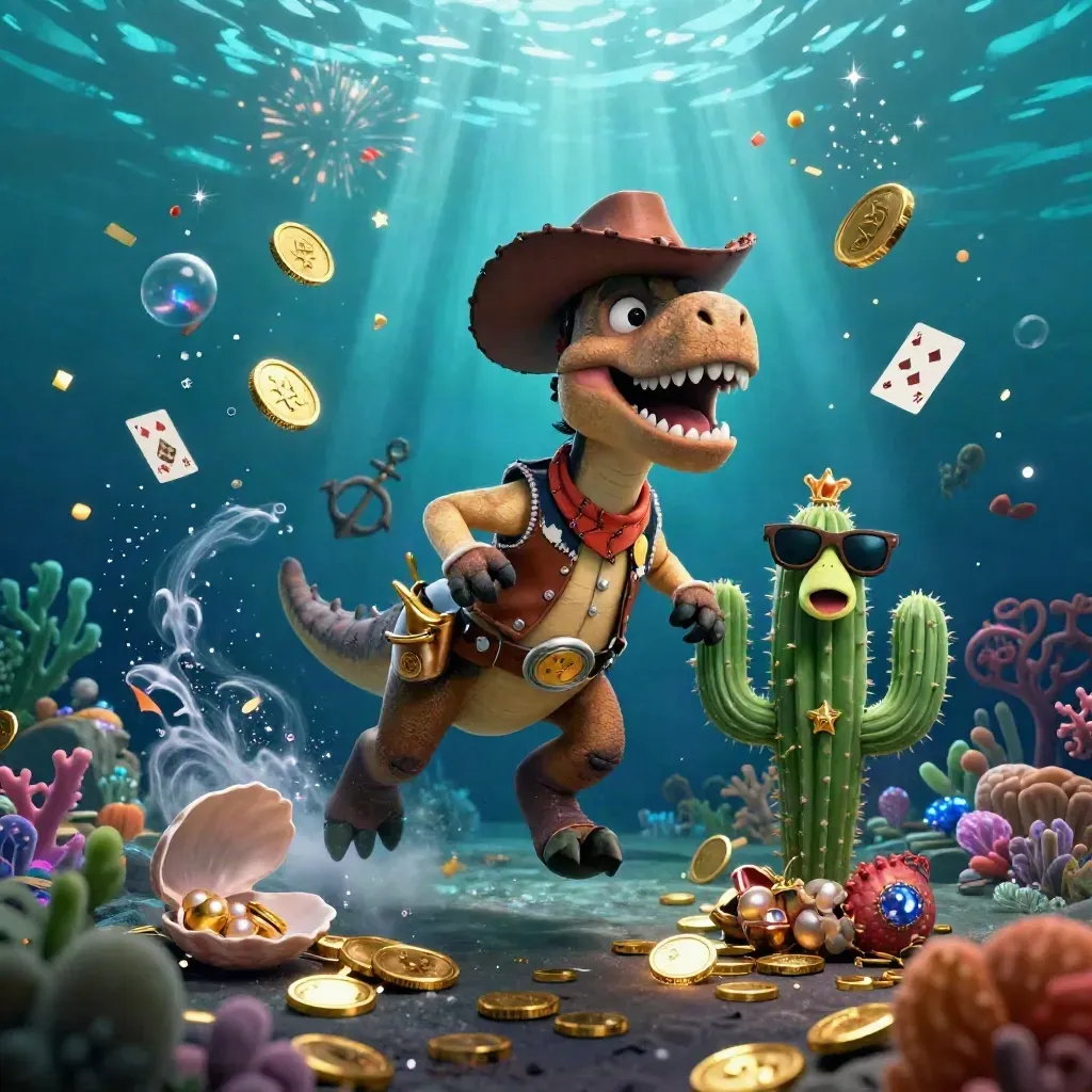 Cowboy T-Rex, cactus sidekick, and roadrunner burst through an underwater treasure cove.