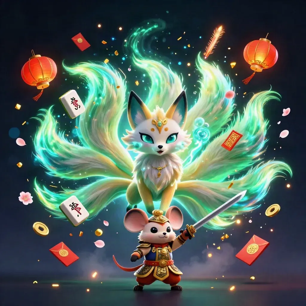 Nine-tailed fox spirit and armored mouse amid lanterns, jade coins, petals, and glowing magic.