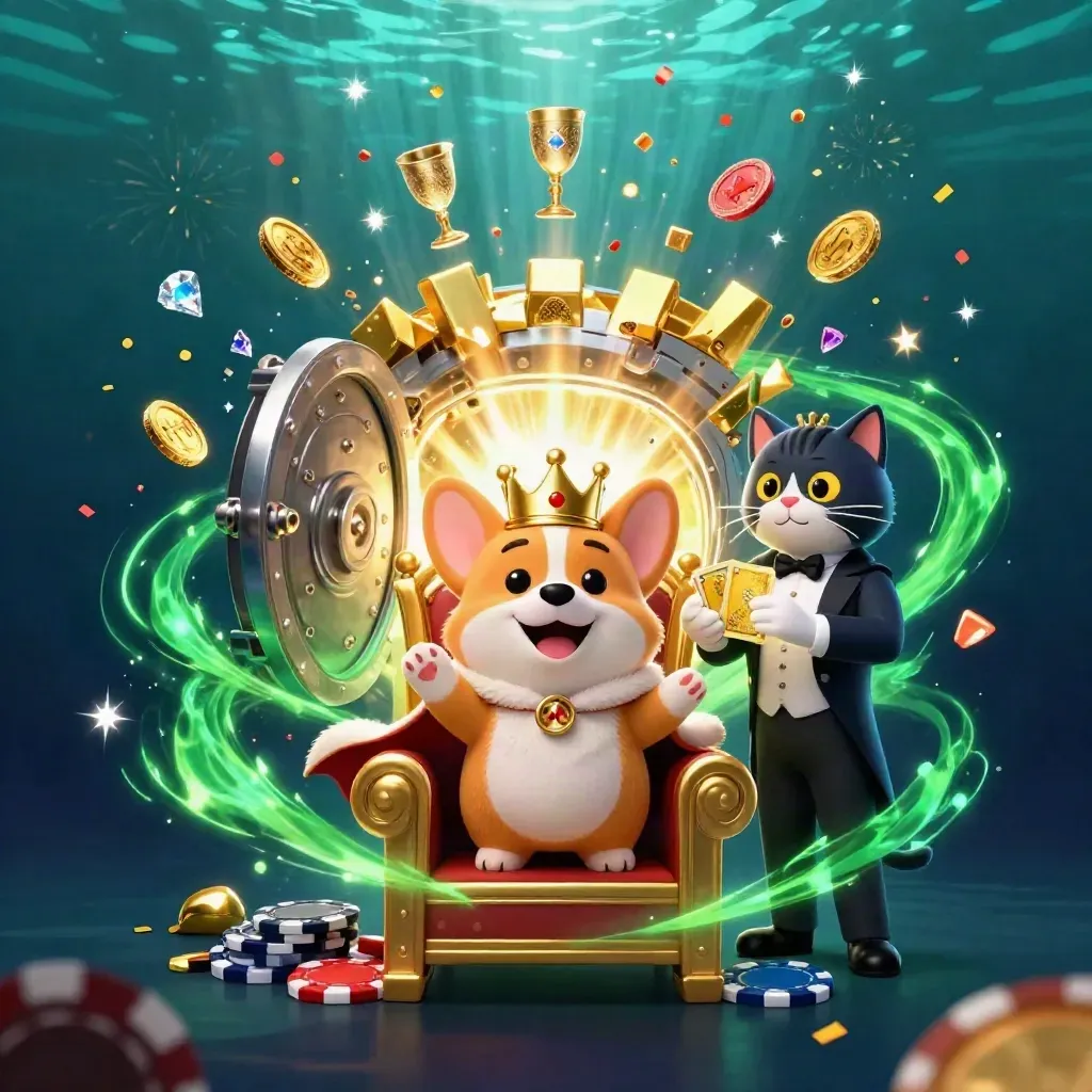 Royal corgi and cat butler burst from a treasure vault with gold, gems, and green glow.