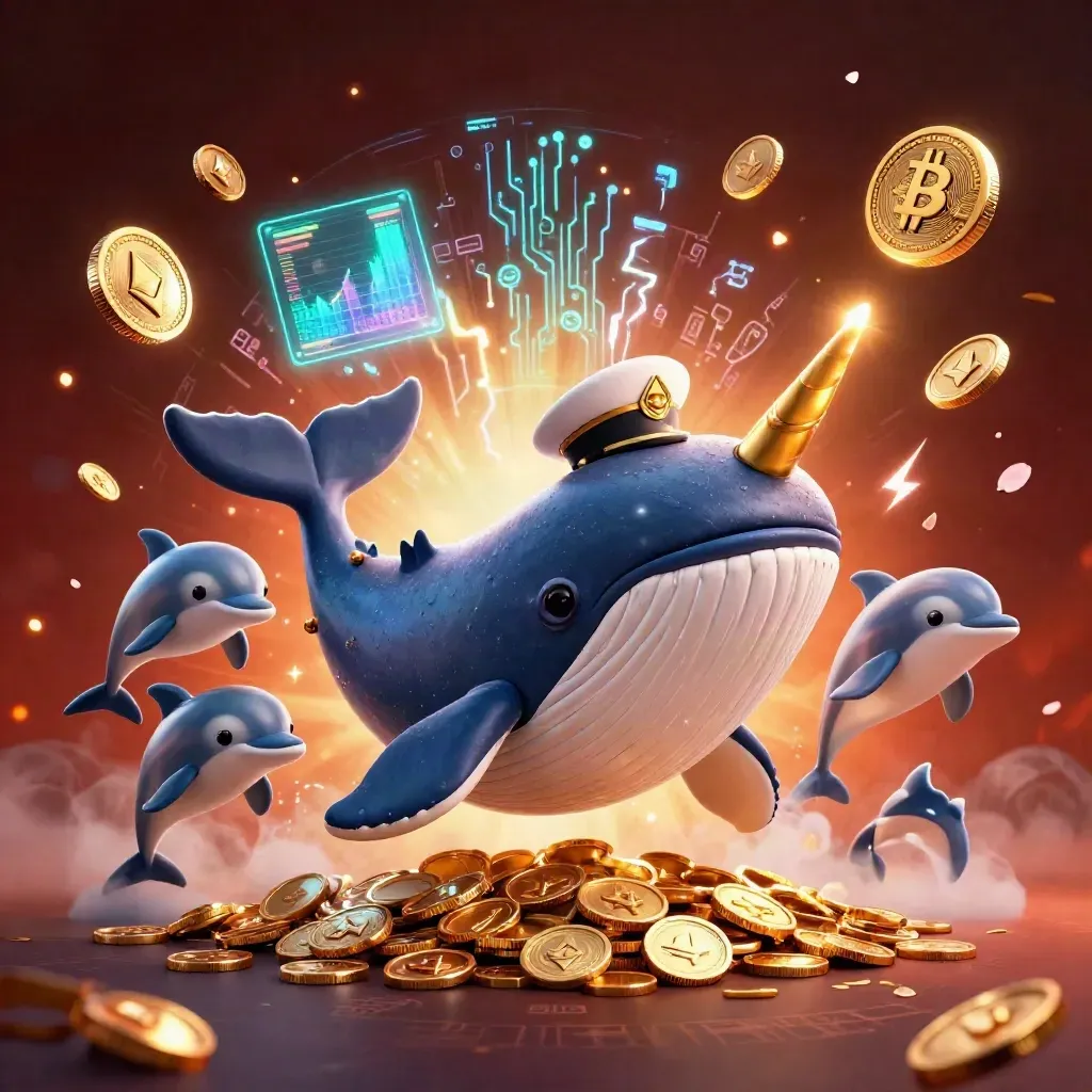Whale captain, narwhal, and dolphins burst through coins with neon crypto effects.