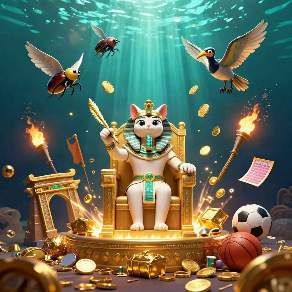 Pharaoh cat on a throne with an ibis scribe, scarabs, coins, and sports betting props.