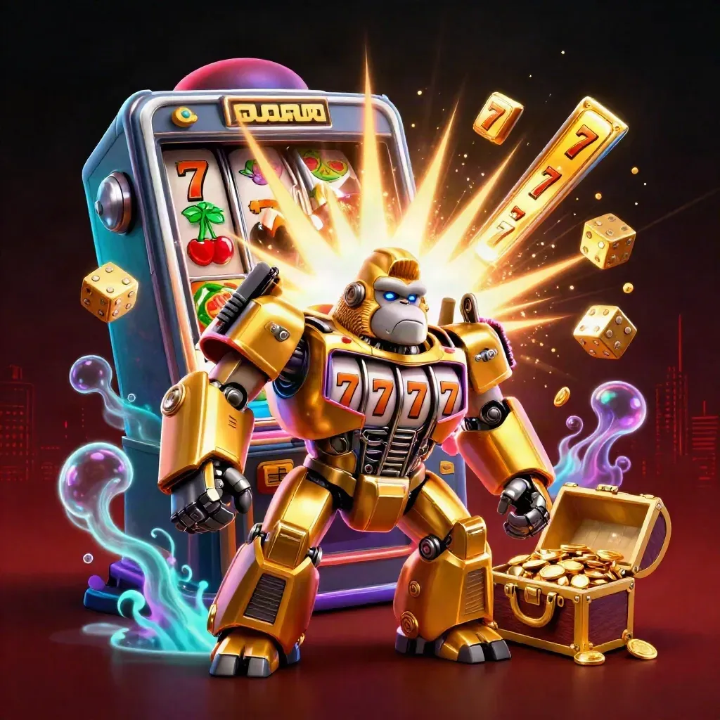 Golden gorilla mech bursts from a slot machine with dice, reels, and neon glow.