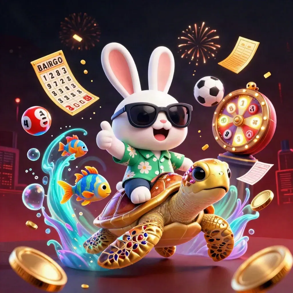 Lucky rabbit rides a golden sea turtle amid casino bursts, balls, tickets, fireworks, and glowing coins.