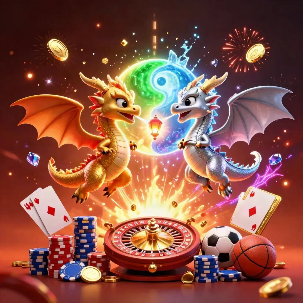 Gold and silver dragons spiral amid coins, chips, cards, fireworks, and sportsbook glow.