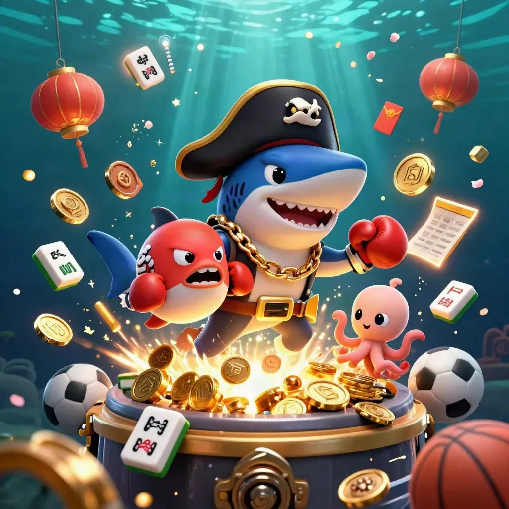 Pirate shark, boxing pufferfish, and coin-juggling octopus amid gold bursts and casino lights