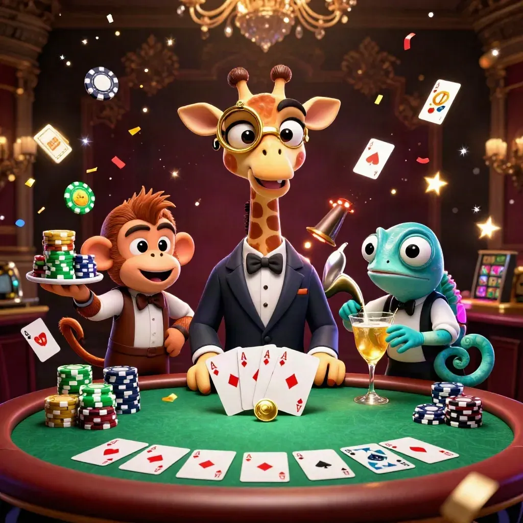 Giraffe, monkey and chameleon at a glowing poker table amid chips, reels and gold spark effects.