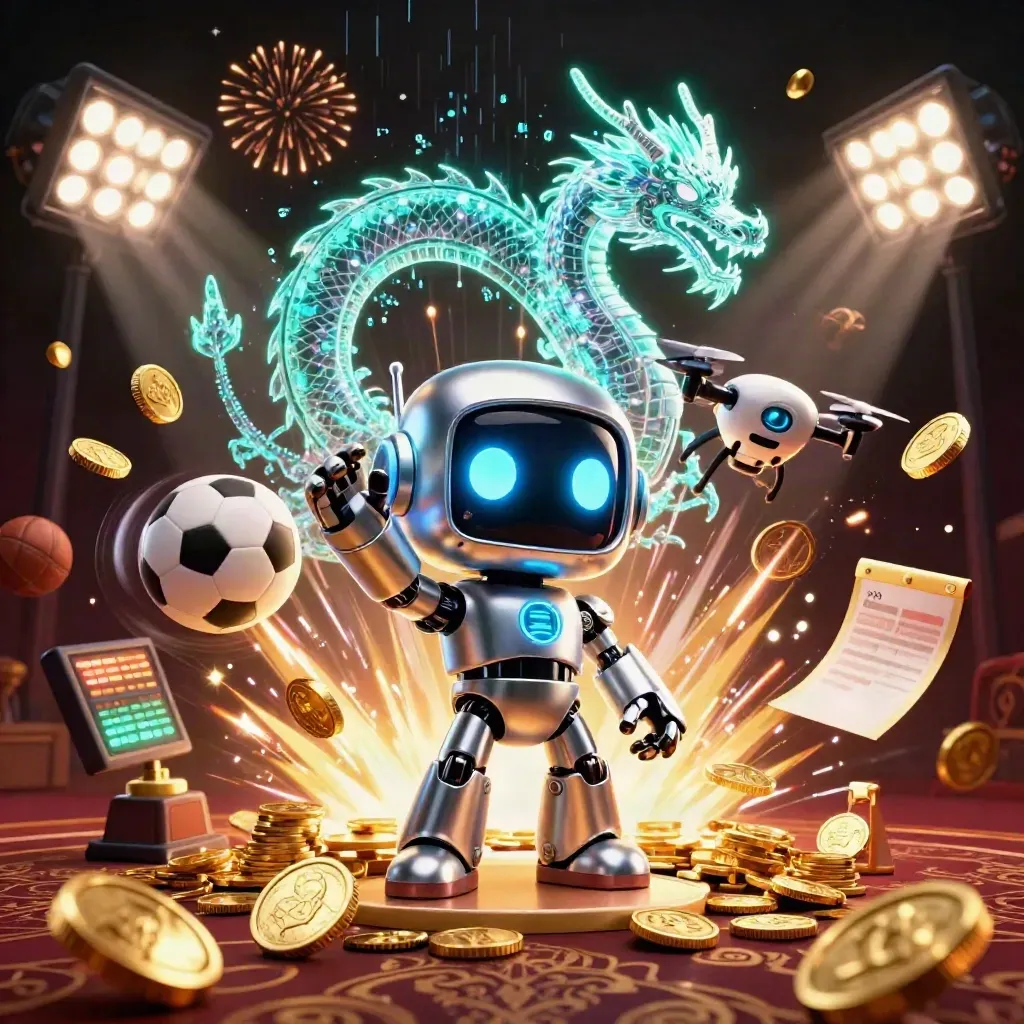 Cyberpunk robot, AI dragon, drone, sports balls, coins and fireworks in a luxe casino burst