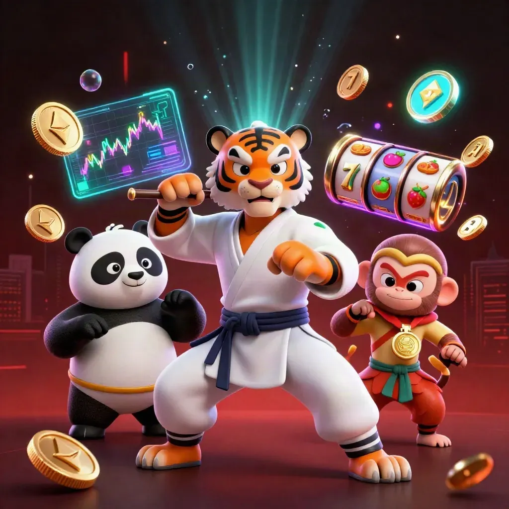 Kung-fu tiger, panda, and monkey amid neon coins, reels, and casino energy