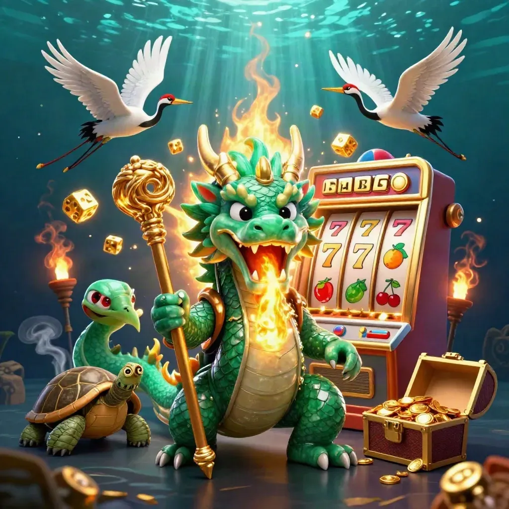 Dragon, turtle sage and cranes amid a bursting slot machine in glowing underwater casino light.
