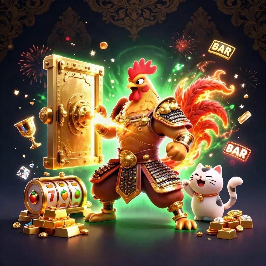 Rooster warrior, dragon hatchling, and fortune cat amid casino gold and sparks