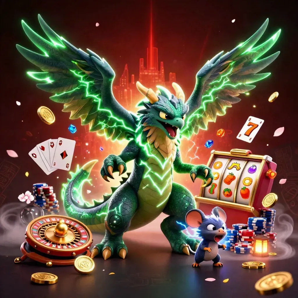 Thunder dragon, wind hawk and static mouse burst with casino loot and reels in a dark neon splash.