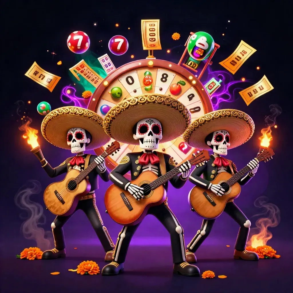 Day-of-the-Dead skeleton mariachi trio with casino symbols on a dark neon purple background