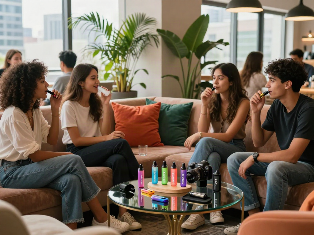 Group of friends enjoying raz vape products in a stylish lounge, sharing laughter and flavors.